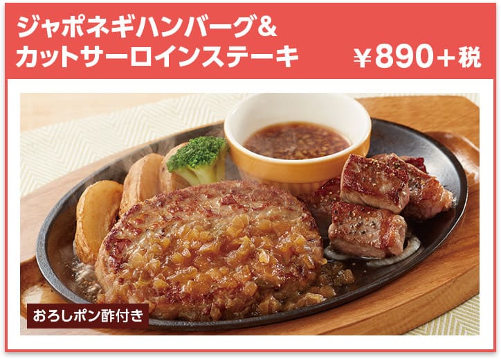 ジャンボネギハンバーグ&カットサーロインステーキ ¥890+税