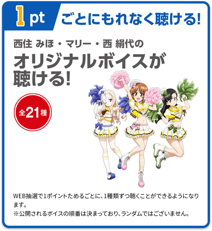 1ptごとにもれなく聴ける！ 西住 みほ・マリー・西 絹代のオリジナルボイスが聴ける！